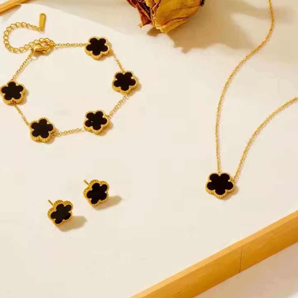 Stainless Steel Plum Blossom Five Leaf Bracelet/Necklace/Earrings Gold Trim